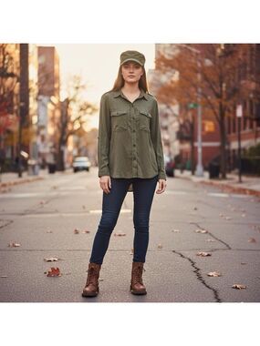 Zara Woman Premium Denim Green Button Down Military Utility Shirt Medium